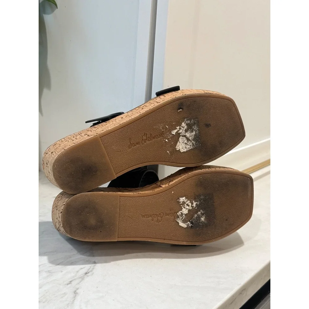 Sam Edelman Anna Platform Sandals Size 7 Black Buckle Leather Chunky Cork Wedge